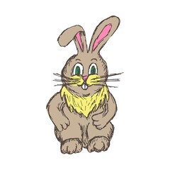 Obraz premium Grunge rough clipart of standing brown rabbit isolated on white background. Cute easter character. Hand-drawn shaded drawing. Cartoon kids animal doodle