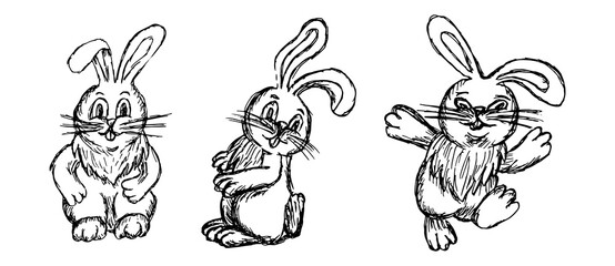 Set of hand-drawn black and white sketches of cute easter bunny in different poses. Rough linear freehand pencil drawing of a funny cartoon character
