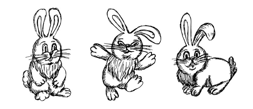Vector linear set of black and white rabbits in different poses. Cute easter animal. Rough linear freehand pencil drawing of a funny cartoon character