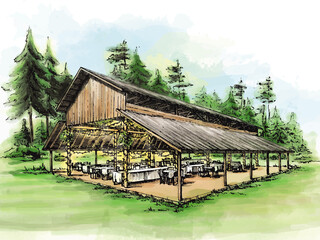 country barn house interior wedding sketch colorful illustration with forest on background 