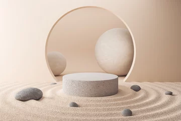 Fotobehang Cosmetic background for product presentation, podium display on Zen circle pattern in sand, 3d rendering. © Anusorn