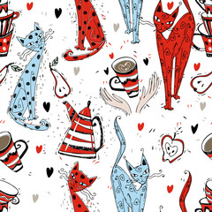 Seamless pattern on the theme of tea drinking. Tea with a kettle and cats. Tea time. Vector