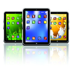 Group of digital tablet pc with different screen backgrounds. Isolated