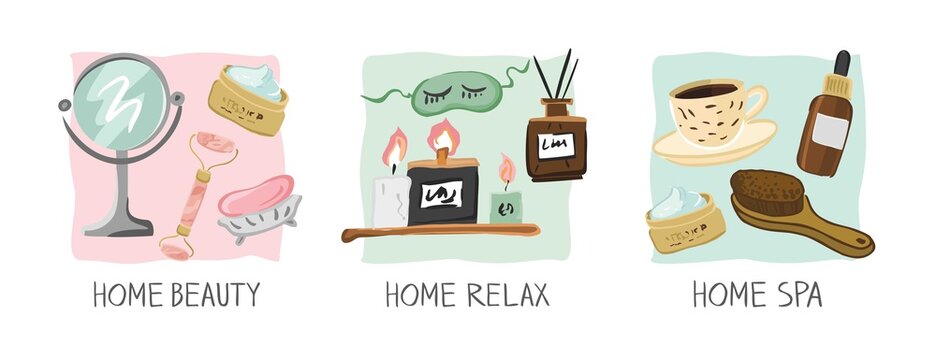 Set of home spa beauty posters. Face and body care symbols are isolated on a colored background. Cosmetics and elements for home relax procedures for women in sketch style. Cartoon vector illustration