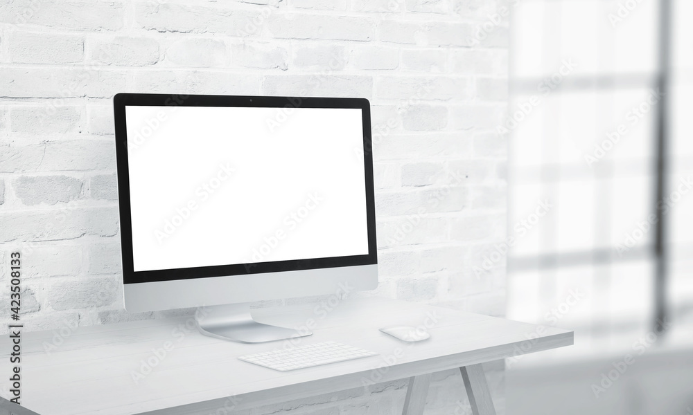 Poster Coputer display on office desk with isolated screen in white for app or web page presentation mockup