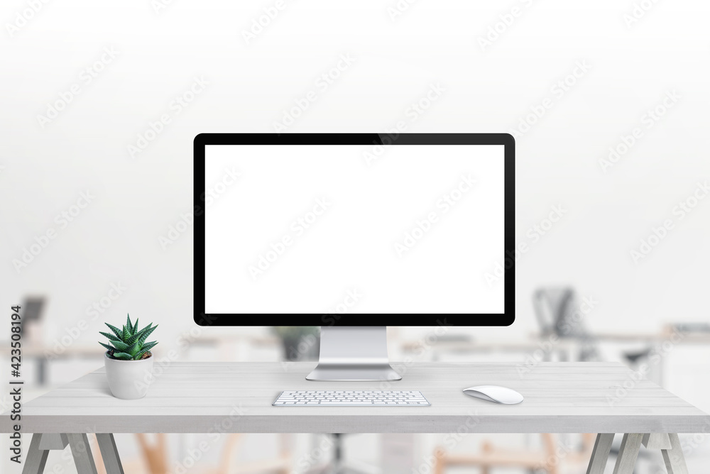 Poster Modern computer display with isolated screen for mockup, app or web page presentation Clean desk with plant, keyboard and mouse