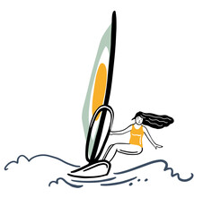 Windsurfing woman hand drawn outline doodle icon.Windsurfer and sea, extreme sport, surfing and sail concept. Vector sketch illustration for print, web, mobile and infographics on white background.