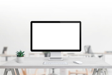 Fototapeta premium Modern computer display with isolated screen for mockup, app or web page presentation Clean desk with plant, keyboard and mouse