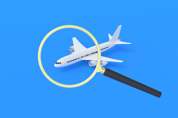 Airplane in magnifier. Airline research. Search for travel companies for organizing vacations. Development of new aircraft. Traffic air check. Find passenger arrival, departure schedules. 3d render