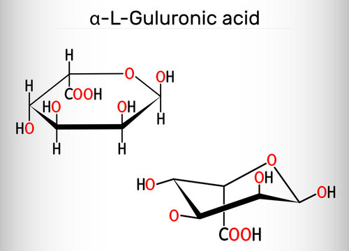 Guluronic acid molecule. Alginate is composed of mannuronic acid and guluronic acid. Structural chemical formula