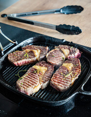 grilled steaks on the pan