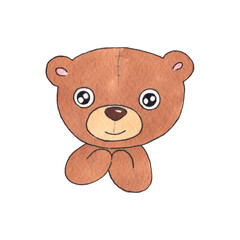 Hand drawn watercolor illustration. Clipart for children design. Cute happy brown soft plush toy baby teddy bear squeezes paws and smiles.