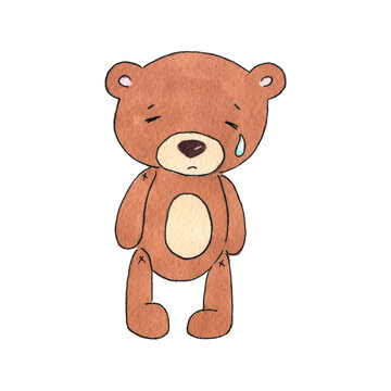 Hand drawn watercolor illustration. Clipart for children design. Cute sad brown soft plush toy baby teddy bear stands and cries alone.