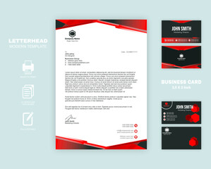 Letterhead Template Design With Red Colors And Bundle With Two Business Card With Same Theme