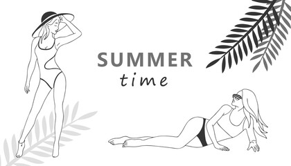 Sexy beautiful woman in swimsuit on tropical leaves background. Hand-drawn fashion illustration suitable for banner, invitation, poster.
