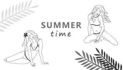 Sexy beautiful woman in swimsuit on tropical leaves background. Hand-drawn fashion illustration suitable for banner, invitation, poster.