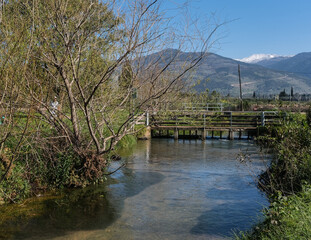 Obraz premium Nahal Dan in Kibbutz Dafna with snow-covered Mount Hermon in the background, Hula Valley, Upper Galilee, Northern Israel, Israel.