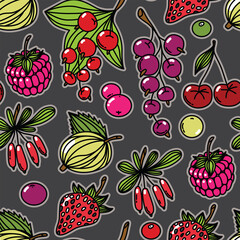 Seamless pattern with berries. Fresh berry. Fabric pattern. Strawberries, raspberries, cherries, cherries, barberries, currants. Background.