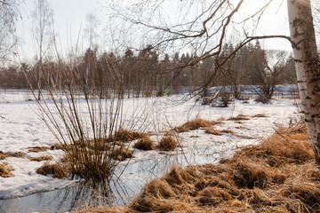 March spring day with melting snow and ice in the sunshine.