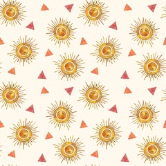 Watercolor illustration. Pattern background in boho style, sun and geometric elements