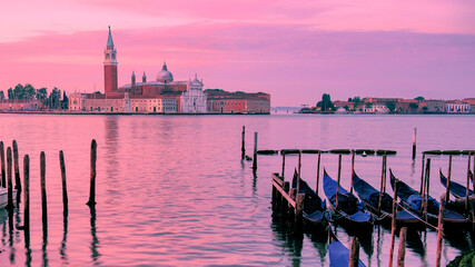 Gondolas moored across from San Giorgio di Maggiore in Venice