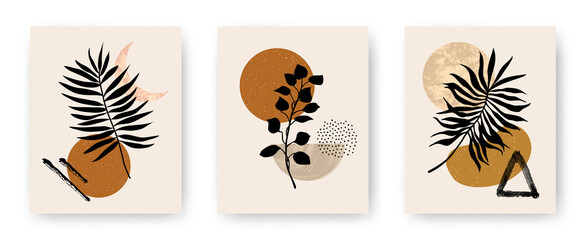 Vector set of modern aesthetic posters with abstract geometric stone textured shapes and plants. Contemporary boho art backgrounds in mid century style for print, home and wall decor, invitations
