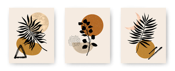 Vector set of modern aesthetic posters with abstract geometric stone textured shapes and plants. Contemporary boho art backgrounds in mid century style for print, home and wall decor, invitations