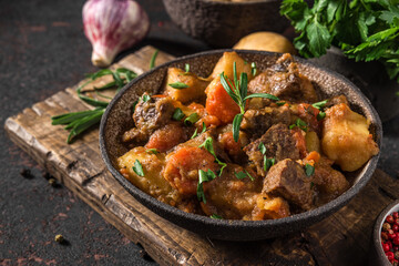 Irish stew made with beef meat, potatoes, carrots and herbs in a plate