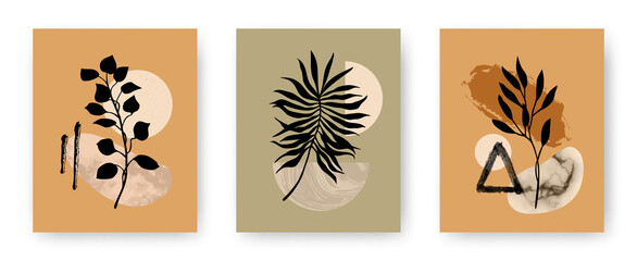 Fototapeta na wymiar Vector set of modern aesthetic posters with abstract geometric stone textured shapes and plants. Contemporary boho art backgrounds in mid century style for print, home and wall decor, invitations