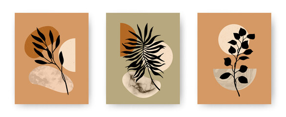 Fototapeta na wymiar Vector set of modern aesthetic posters with abstract geometric stone textured shapes and plants. Contemporary boho art backgrounds in mid century style for print, home and wall decor, invitations