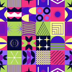 Vector seamless pattern with abstract colorful minimalistic patchwork geometric elements. Contemporary simple various shapes, curves, lines, zigzag. Poster print template, web design, textile