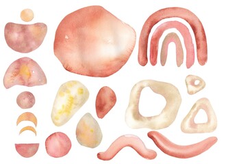 Watercolor illustration.  set of geometric elements in boho style, modern home decor, rainbow in pastel shades.  for prints, print, posters, cards