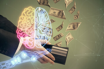 Multi exposure of brain drawing hologram and us dollars bills and man hands. Ai invest concept