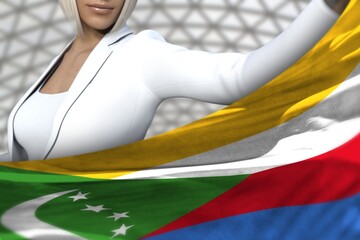 Fototapeta na wymiar beautiful business woman holds Comoros flag in front on the modern architecture background - flag concept 3d illustration