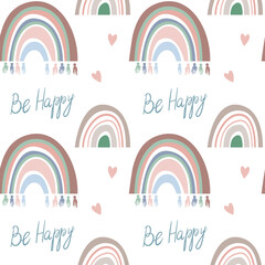 Seamless pattern. Hand drawn rainbow pattern in boho style. Abstract minimalist elements. Scandinavian design in pastel colors. Vector background for fabric, packaging, textiles, wallpaper, clothes