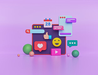 abstract social media background. web page, emoji, heart like, search bar and chat icons. 3d rendering