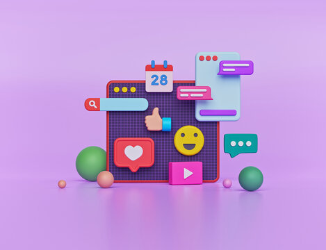 abstract social media background. web page, emoji, heart like, search bar and chat icons. 3d rendering