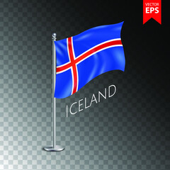 Vector 3d realistic flags of Iceland on steel poles isolated on transparent background. Eps 10 vector illustration.