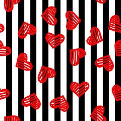 Seamless pattern with red hearts on black and white stripped background. Vector design for textile, backgrounds, clothes, wrapping paper, web sites and wallpaper. Fashion illustration seamless print.