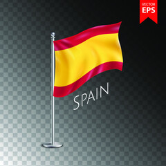 Vector 3d realistic flags of Spain on steel poles isolated on transparent background. Eps 10 vector illustration.