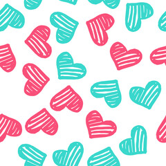 Seamless pattern with pink and blue hearts on white background. Vector design for textile, backgrounds, clothes, wrapping paper, web sites and wallpaper. Fashion illustration seamless pattern.