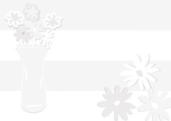 Creative hand drawn flowers in a vase, shadows, horizontal gray and white stripes background, cartoon style, copy space