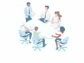 A team of expert experts holds a meeting. Vector illustration. Isometry. 