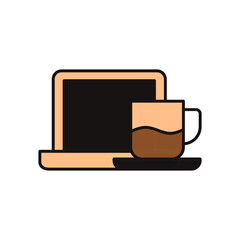 coffee cup and laptop icon  in color icon, isolated on white background 