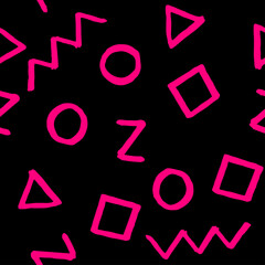 Seamless pattern with bright pink geometric elements on black background. Hand drawn vector design for textile, backgrounds, clothes, wrapping paper and wallpaper. Memphis fashion pattern.