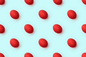 Red easter eggs seamless pattern on pastel blue background. Happy easter minimal food concept