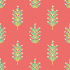 Modern Lavender seamless vector pattern background. Isolated blue graphic blossoms on stems on coral red backdrop. Botanical herb design. Geometric all over print for health or garden concept