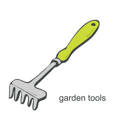 Garden small rake in doodle style on white background. Vector illustration
