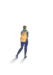 young woman with backpack standing isolated. back view