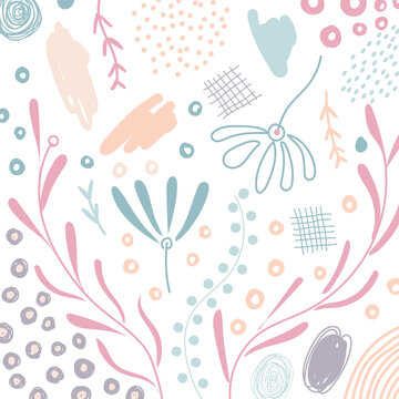 Abstract hand drawn scribble organic shape floral, leaves, natural elements pastel color on white background © rarinlada